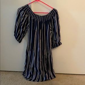 Ava Sky off the shoulder blue and white dress